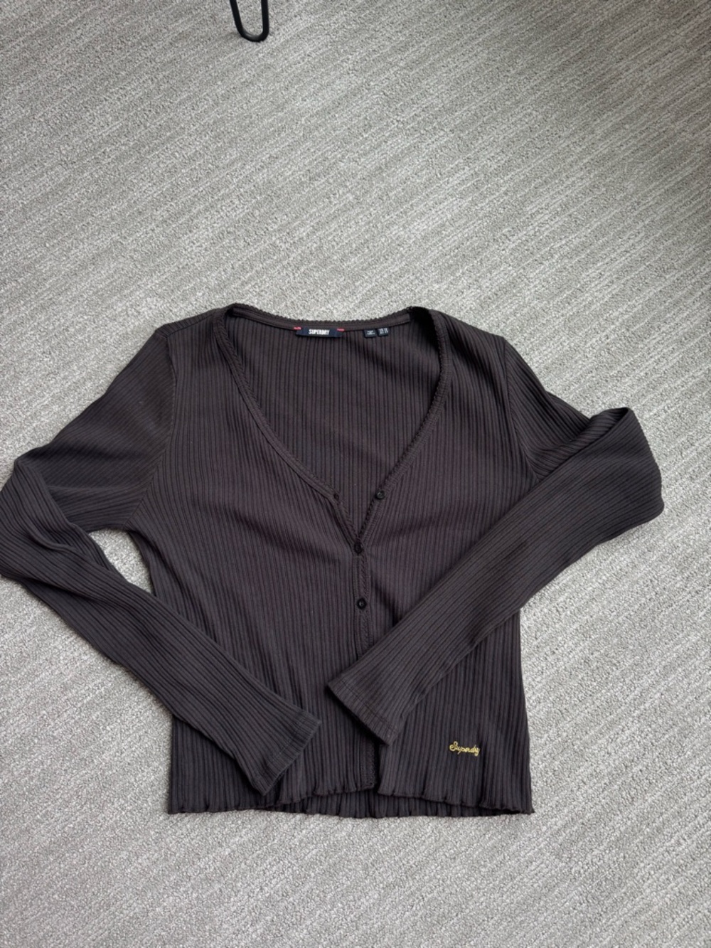 Superdry Chocolate Brown Ribbed Button-Front Long Sleeve Top